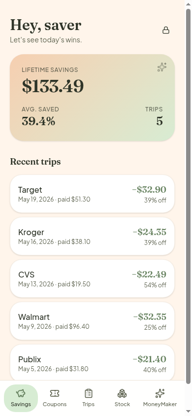 MintyClip dashboard showing lifetime savings and recent trips