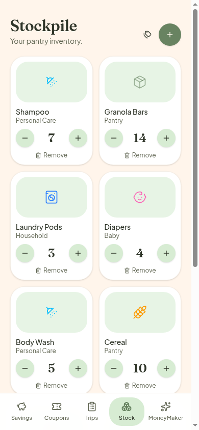 Stockpile inventory grid with categories and quantities