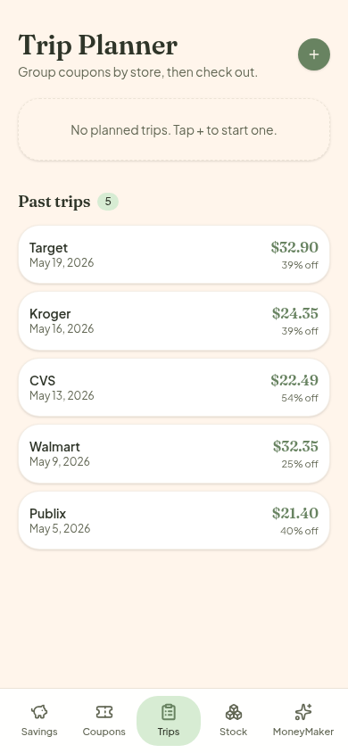 Trip planner with past savings logged by store